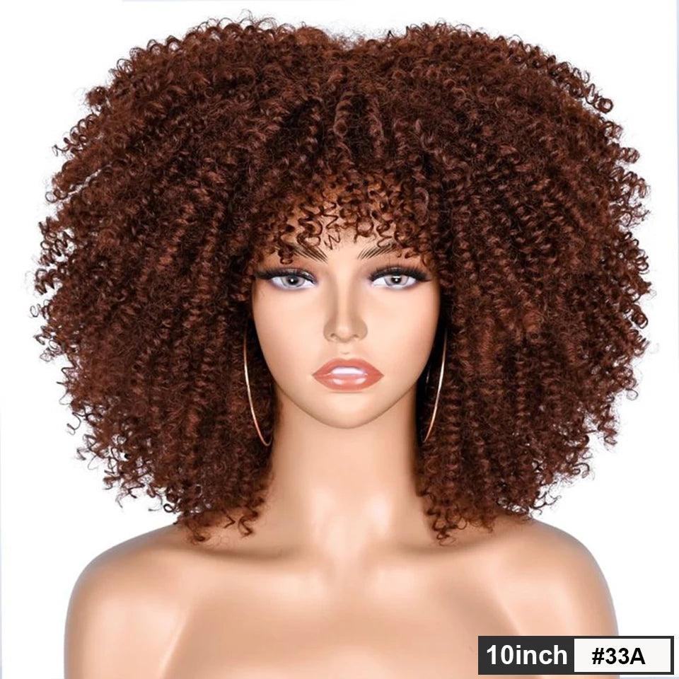 Natural Brown Color Afro Kinky Curly Human Hair Wigs with Bangs Wear & Go Glueless Wig Remy Brazilian Short Curly Human Hair Wig