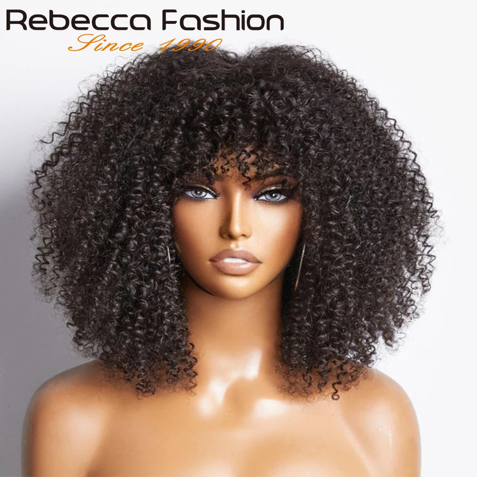 Natural Brown Color Afro Kinky Curly Human Hair Wigs with Bangs Wear & Go Glueless Wig Remy Brazilian Short Curly Human Hair Wig