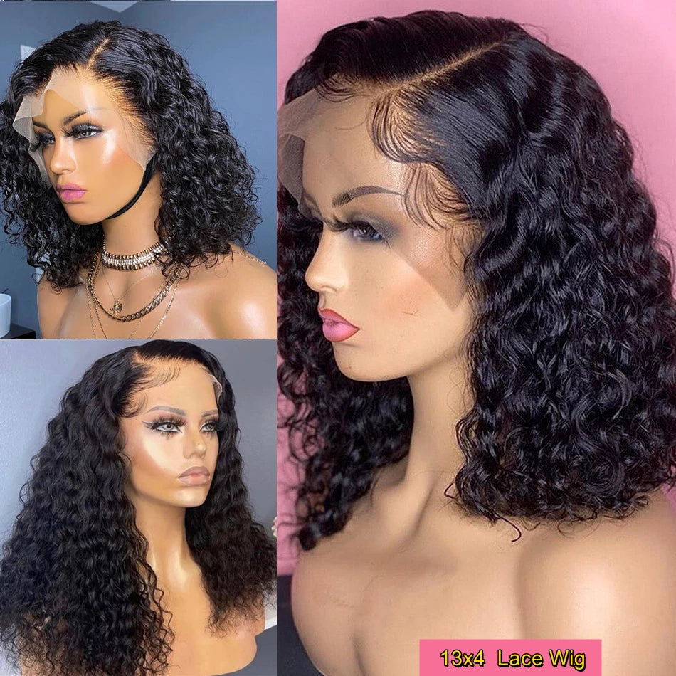 Glueless Wigs 100% Human Hair Water Wave Short Bob Wigs 13x4 HD Lace Front Wigs Pre Plucked Deep Curly Wear And Go Wigs Sale
