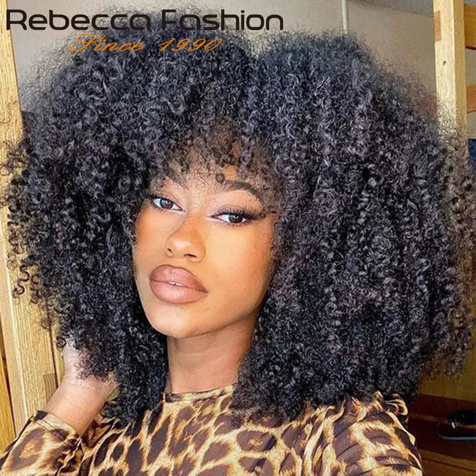 Natural Brown Color Afro Kinky Curly Human Hair Wigs with Bangs Wear & Go Glueless Wig Remy Brazilian Short Curly Human Hair Wig
