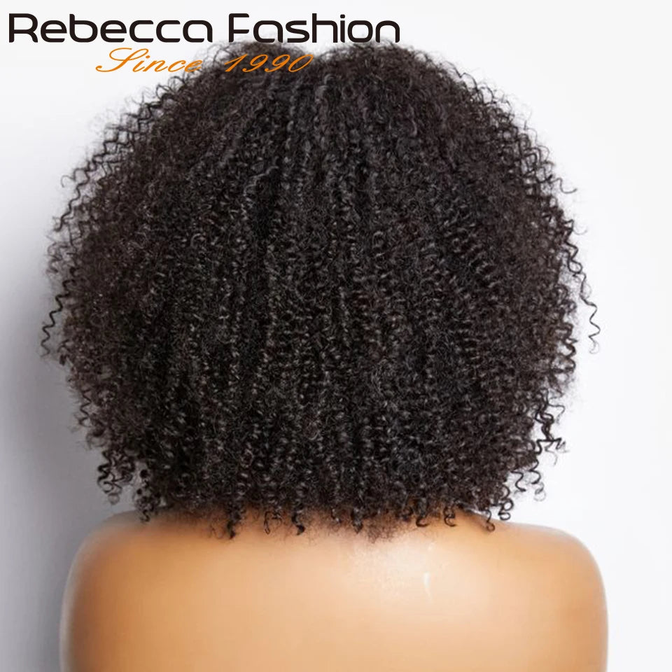 Natural Brown Color Afro Kinky Curly Human Hair Wigs with Bangs Wear & Go Glueless Wig Remy Brazilian Short Curly Human Hair Wig