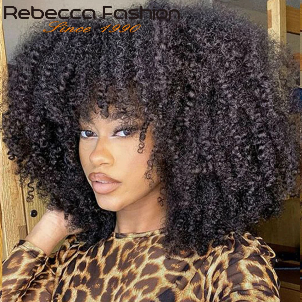 Natural Brown Color Afro Kinky Curly Human Hair Wigs with Bangs Wear & Go Glueless Wig Remy Brazilian Short Curly Human Hair Wig