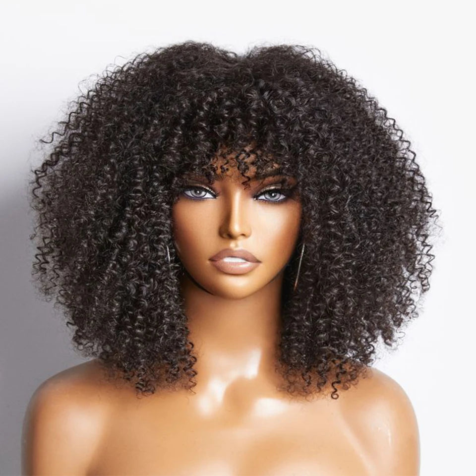 Natural Brown Color Afro Kinky Curly Human Hair Wigs with Bangs Wear & Go Glueless Wig Remy Brazilian Short Curly Human Hair Wig