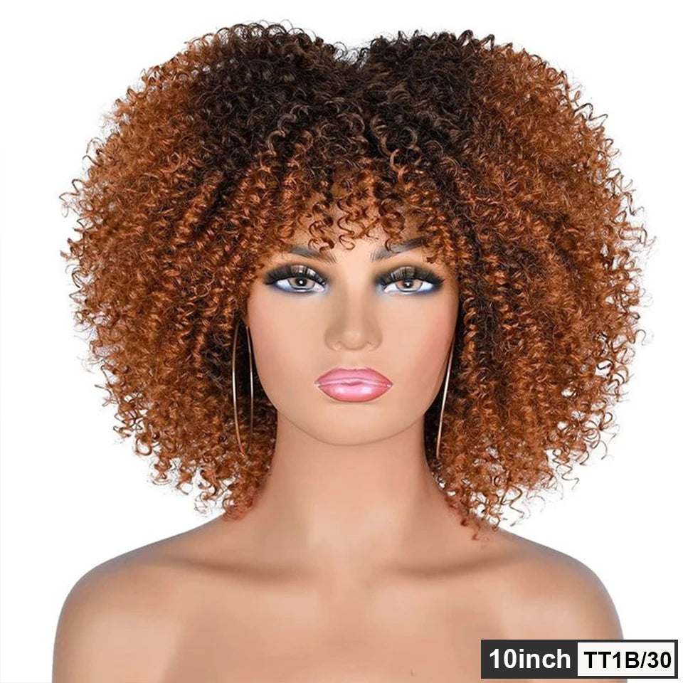 Natural Brown Color Afro Kinky Curly Human Hair Wigs with Bangs Wear & Go Glueless Wig Remy Brazilian Short Curly Human Hair Wig