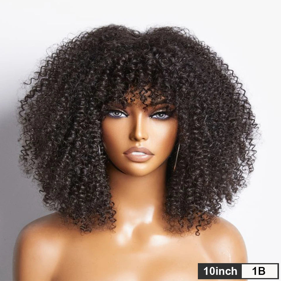 Natural Brown Color Afro Kinky Curly Human Hair Wigs with Bangs Wear & Go Glueless Wig Remy Brazilian Short Curly Human Hair Wig