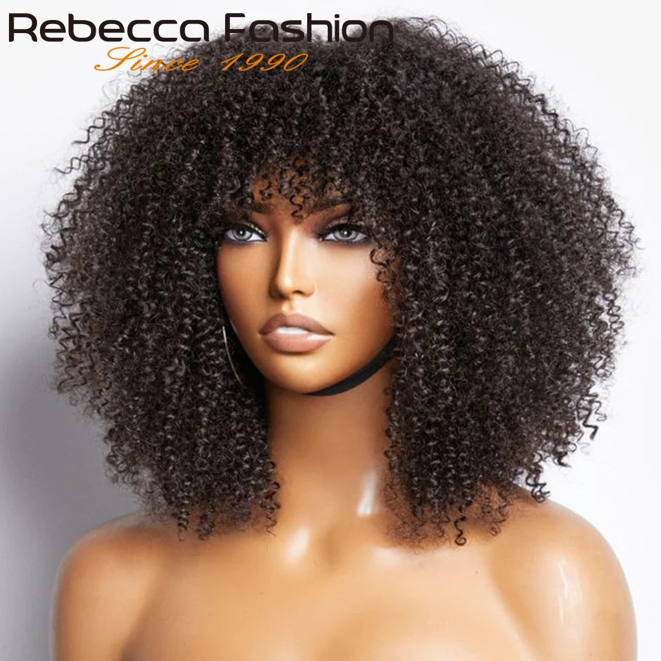 Natural Brown Color Afro Kinky Curly Human Hair Wigs with Bangs Wear & Go Glueless Wig Remy Brazilian Short Curly Human Hair Wig