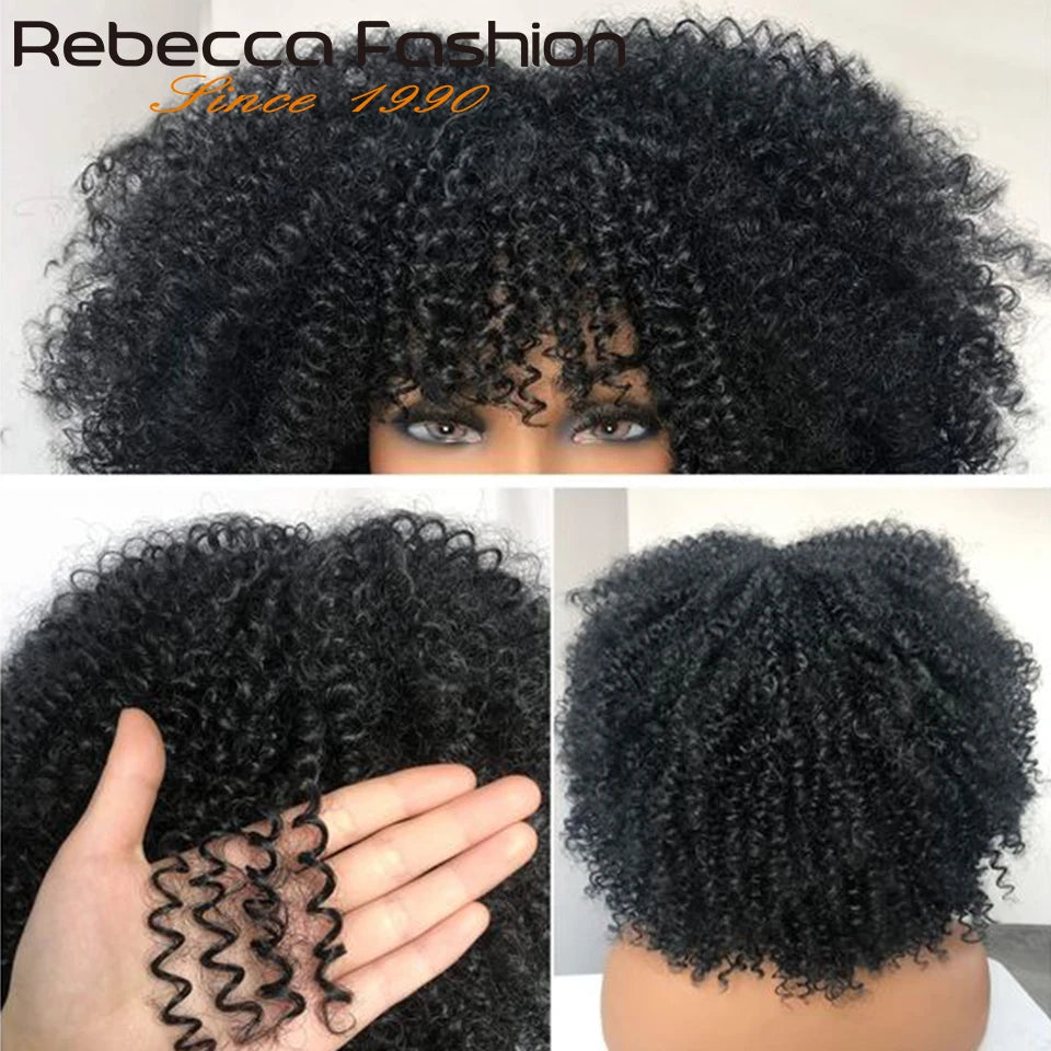 Natural Brown Color Afro Kinky Curly Human Hair Wigs with Bangs Wear & Go Glueless Wig Remy Brazilian Short Curly Human Hair Wig