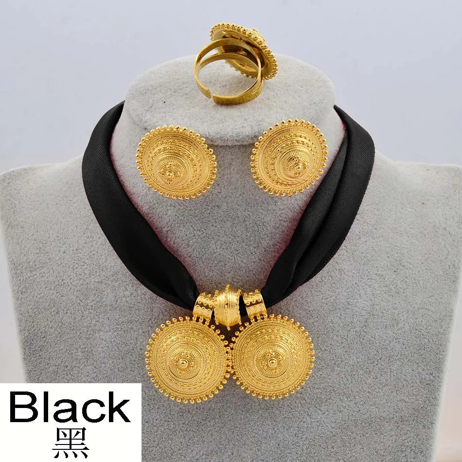 Anniyo DIY Rope Chain Ethiopian Jewelry Set Gold Color Eritrea Ethnic Style Habesha Pendant Earrings Ring #217106