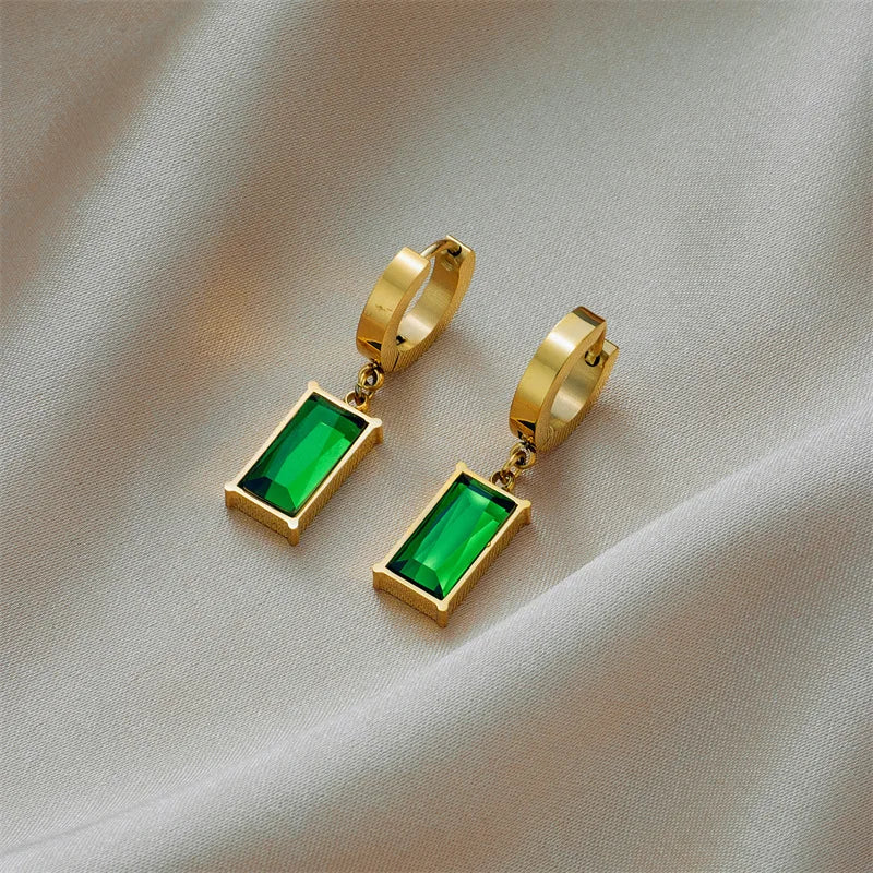Stainless Steel Square Green Crystal Zircon Necklace Earrings For Women Girl New Fashion Non-fading Jewelry Set