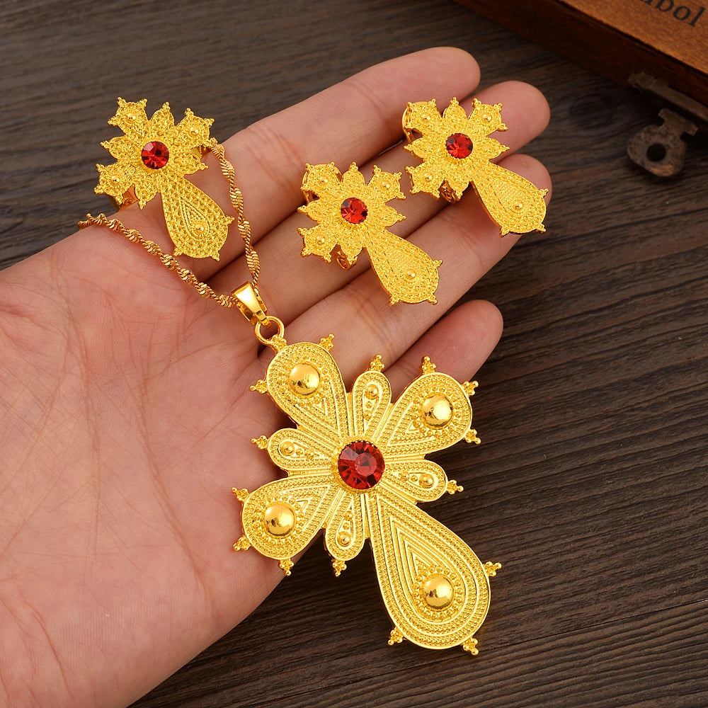 Ethiopian Gold Color Cross Necklace Earring Ring African Bridal Jewellery Set Habesha Party Jewelry