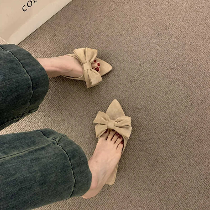 Women's Summer Butterfly-knot Low Heel Slippers Elegant Open Toe Party Dress Shoes Fashion Outdoor Ladies Slides