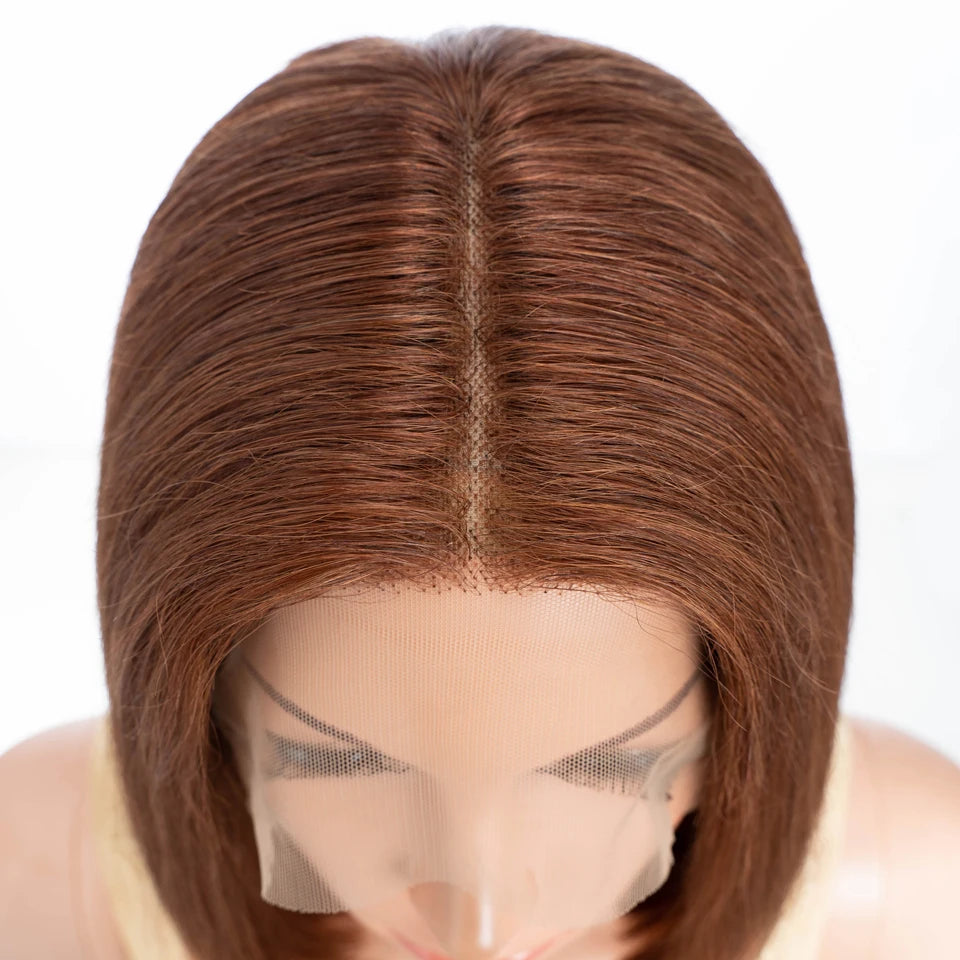 Lekker 100% Human Hair Wig Highlight Brown Long Pixie Straight Bob Middle Part Lace Front For Women Brazilian Remy Hair Glueless