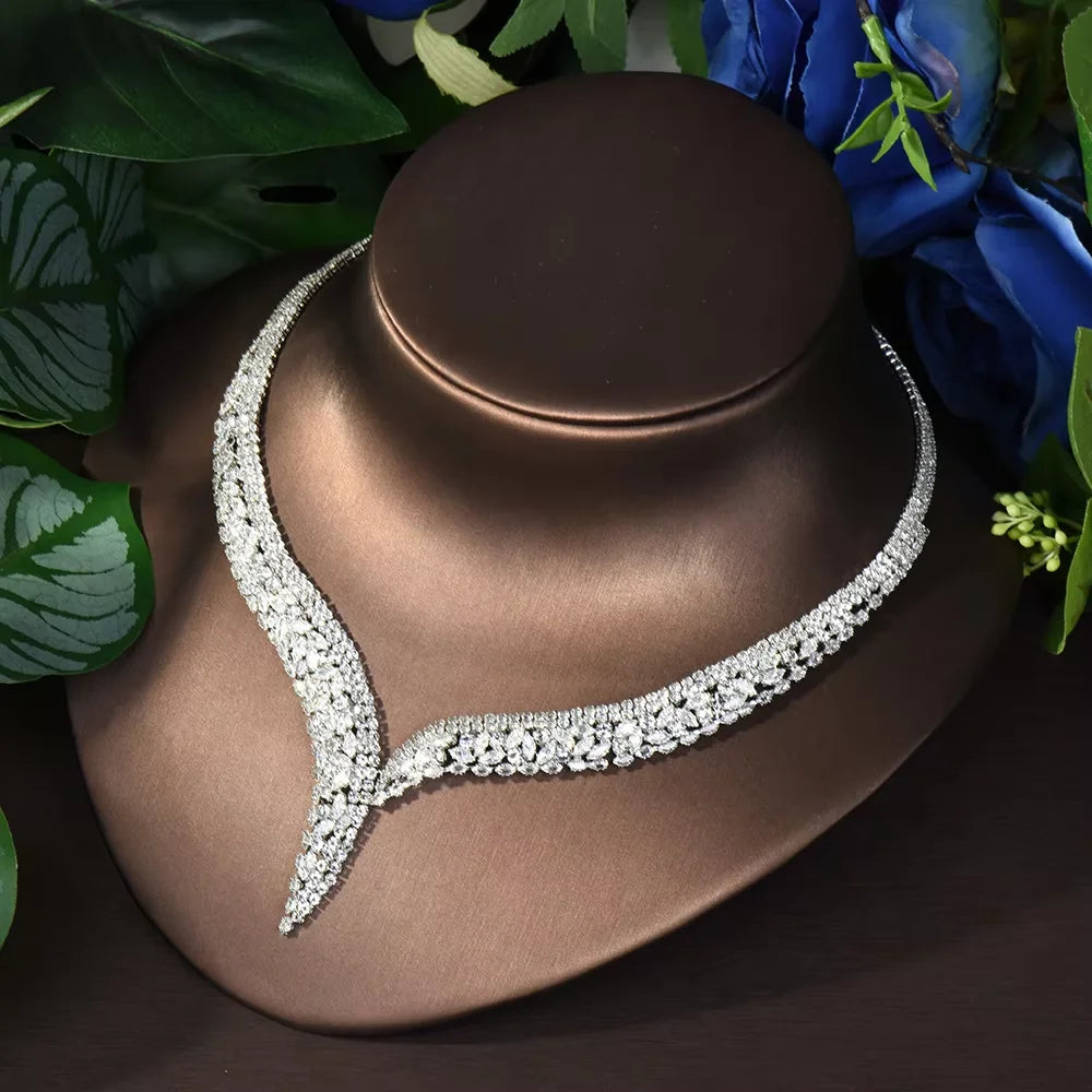 Costume Show Jewellery Geometric Set Cubic Zirconia Deluxe Large Necklace and Earrings Bridal Wedding Dating Accessories S-350