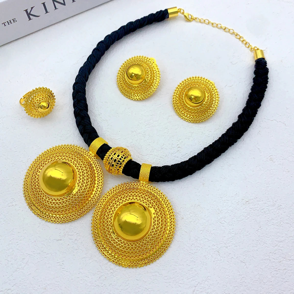Dubai Indian African Black Rope Necklace Earrings Jewelry Set For Women 24K Gold Plated Nigeria Bridal Wedding Party Jewellery