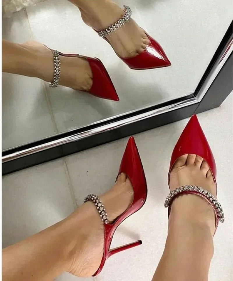 2026 New Fashionable Fine Heeled Muller Shoes with Pointed Water Diamond Chain Banquet Shallow Mouth Women's High Heel Sandals
