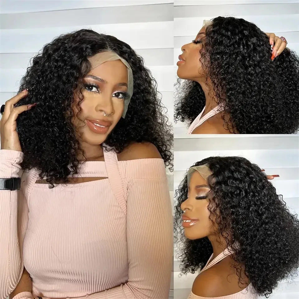 Short Bob Cut Kinky Curly Black Color 13X4 HD Transparent Lace Frontal Synthetic Wigs Glueless Wig Preplucked With Baby Hair