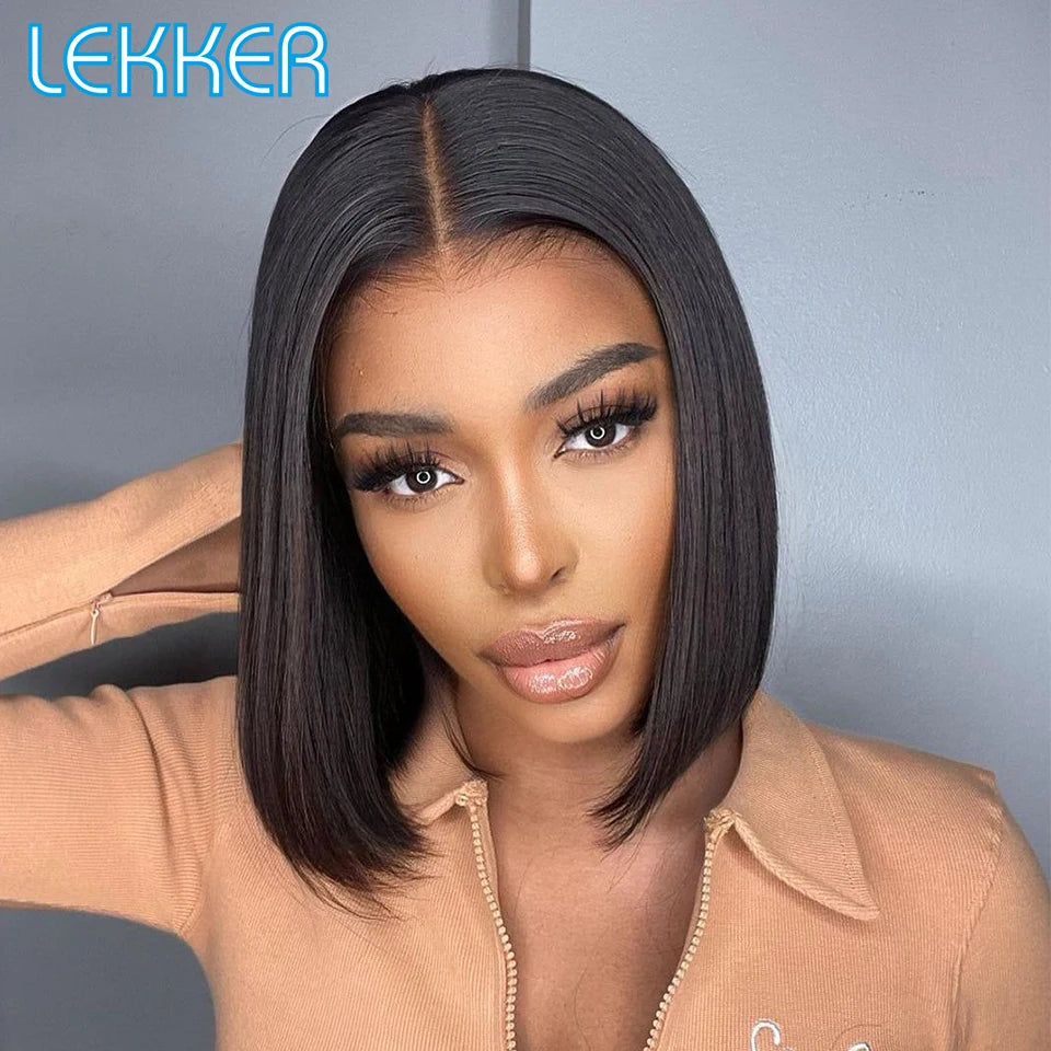 Lekker 100% Human Hair Wig Highlight Brown Long Pixie Straight Bob Middle Part Lace Front For Women Brazilian Remy Hair Glueless