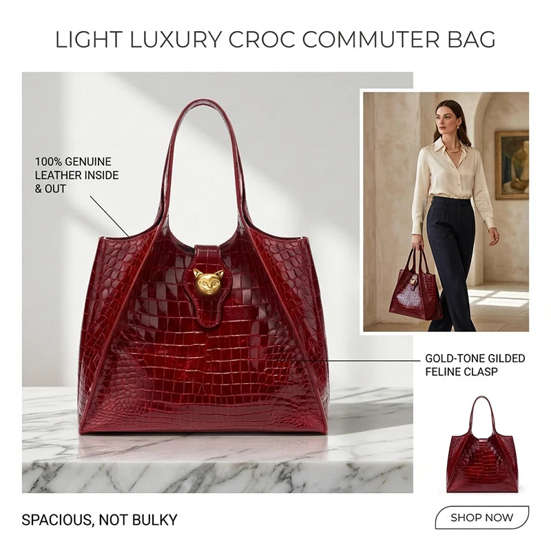 New 2026 Light Luxury Crocodile Pattern Genuine Leather Women's Messenger Bag Commuter Versatile Large Capacity Handbag