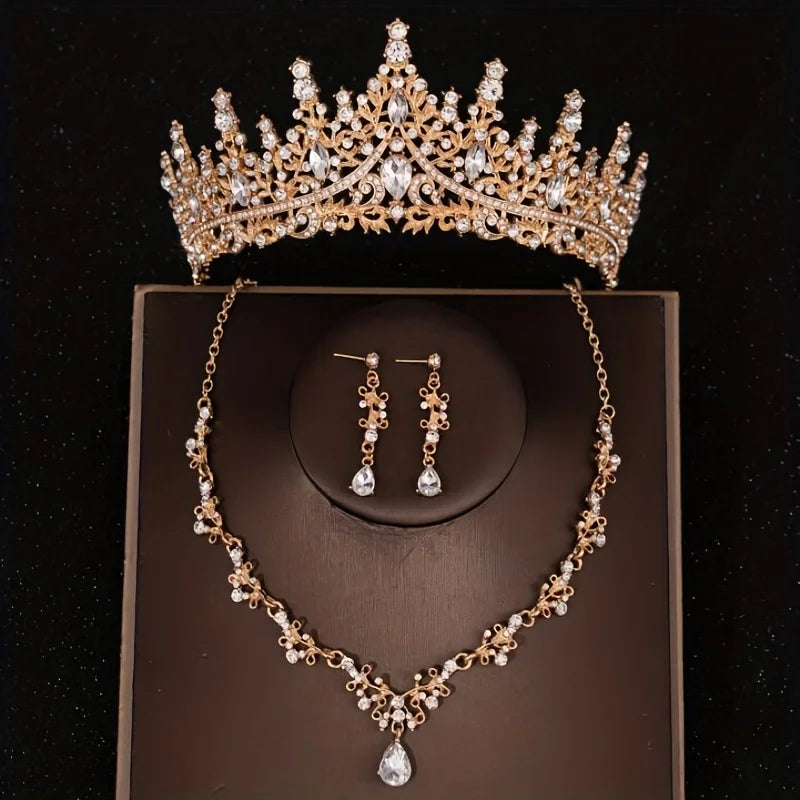 Luxury Silver Color Crystal Water Drop Bridal Jewelry Set Rhinestone Tiara Crown Necklace Earring Set Bridal Wedding Jewelry Set