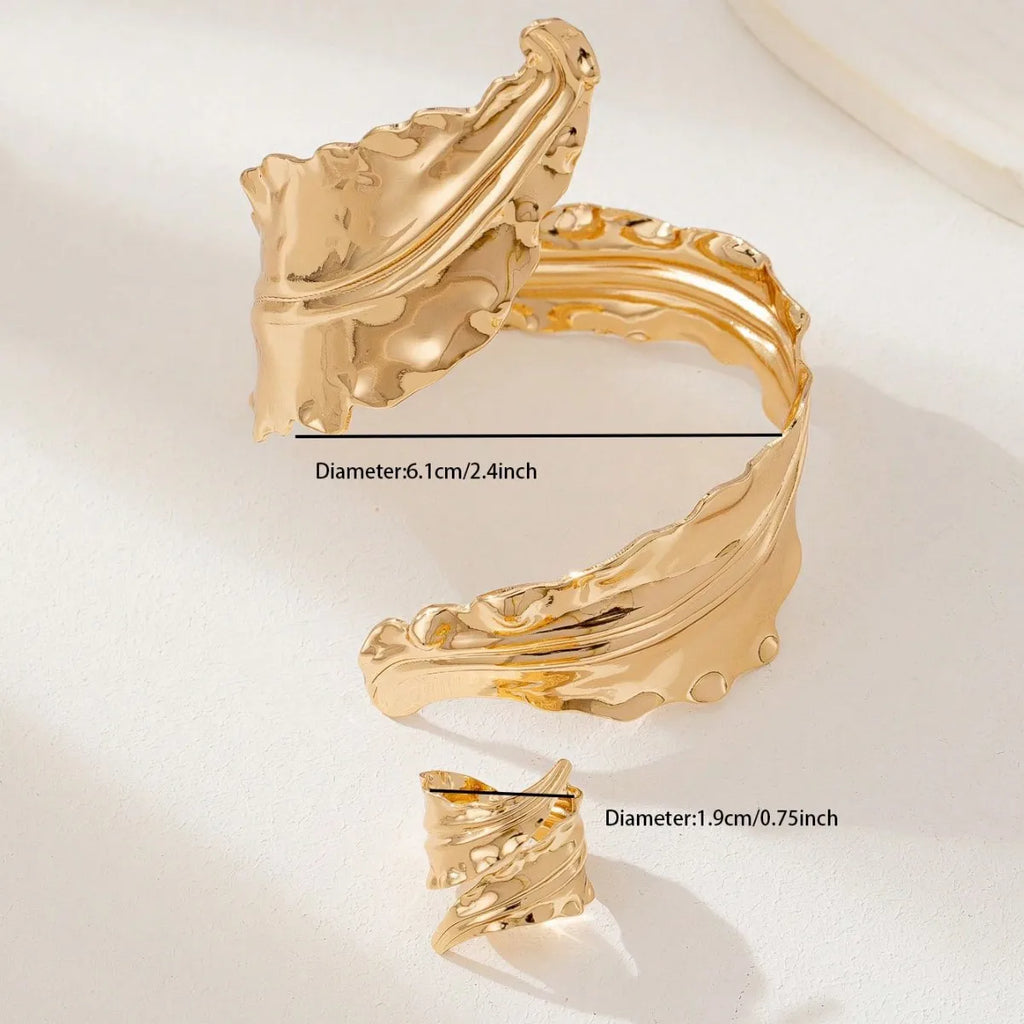 Vintage Fashion Gold Folded Leaf Bracelet Spiral Opening Adjustable Ring Set Women