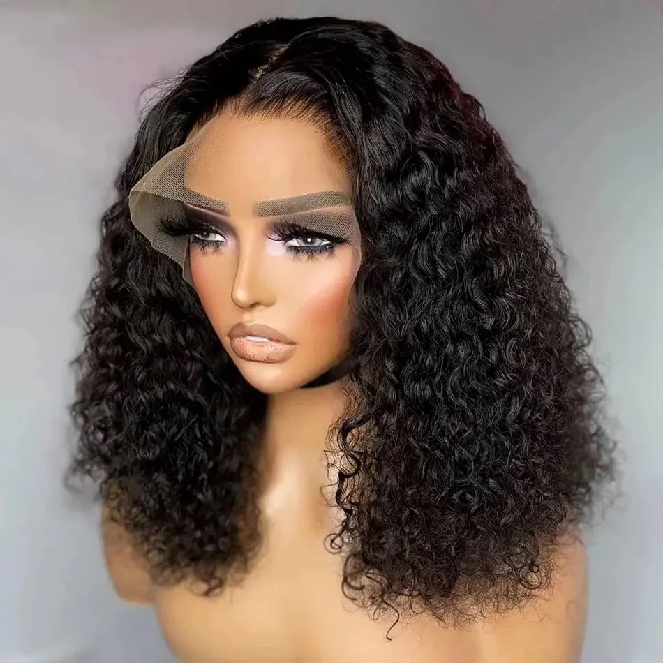Short Bob Cut Kinky Curly Black Color 13X4 HD Transparent Lace Frontal Synthetic Wigs Glueless Wig Preplucked With Baby Hair