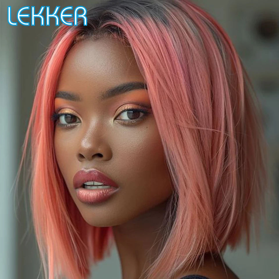 Lekker 100% Human Hair Wig Highlight Brown Long Pixie Straight Bob Middle Part Lace Front For Women Brazilian Remy Hair Glueless
