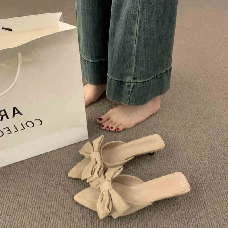 Women's Summer Butterfly-knot Low Heel Slippers Elegant Open Toe Party Dress Shoes Fashion Outdoor Ladies Slides