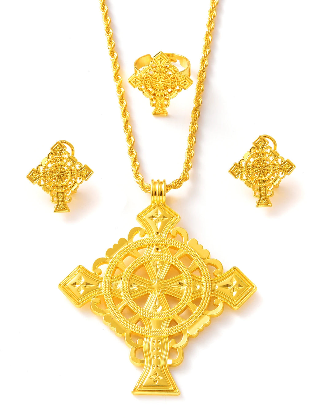 NEW Golden Color Ethiopian Cross Jewelry Set Necklace Earrings Ring 3-Piece Set African Eritrean Holiday Wedding Engagement Gift