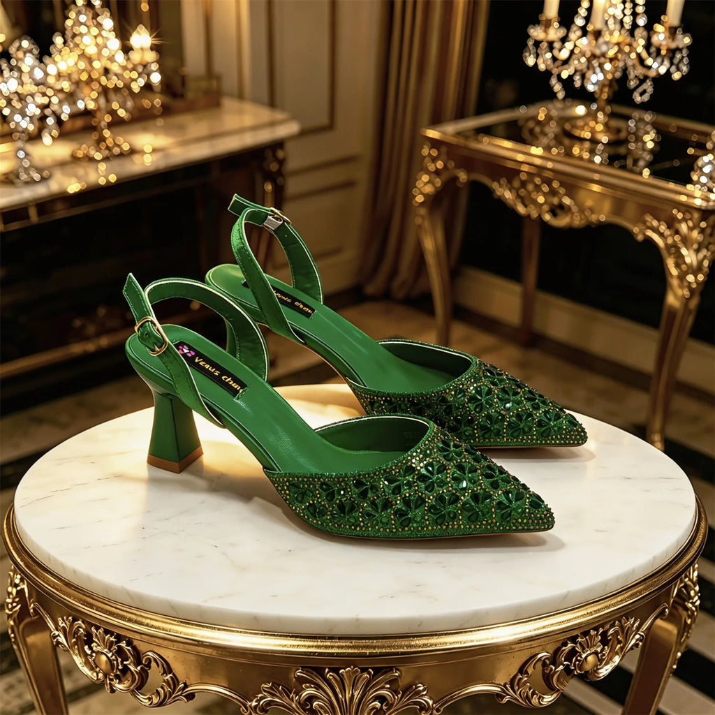 2026 INS Italian Design Elegant Green Rhinestone Pointed Toe High Heels & Handbag Set - Ideal for Weddings and Special Occasions
