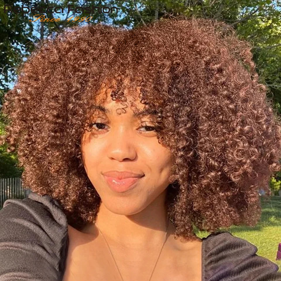 Natural Brown Color Afro Kinky Curly Human Hair Wigs with Bangs Wear & Go Glueless Wig Remy Brazilian Short Curly Human Hair Wig