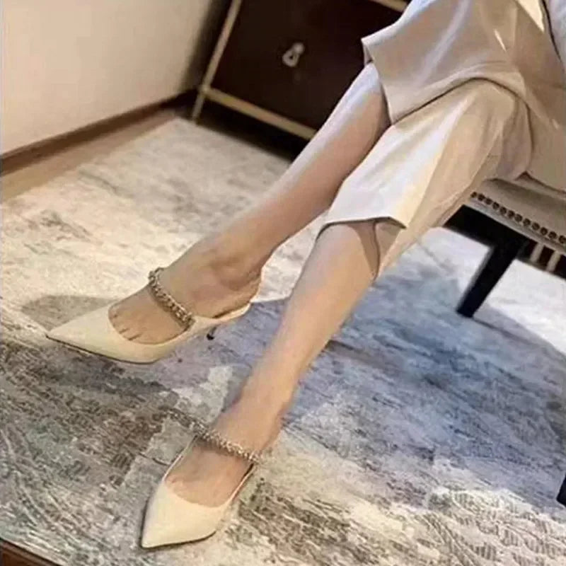2026 New Fashionable Fine Heeled Muller Shoes with Pointed Water Diamond Chain Banquet Shallow Mouth Women's High Heel Sandals