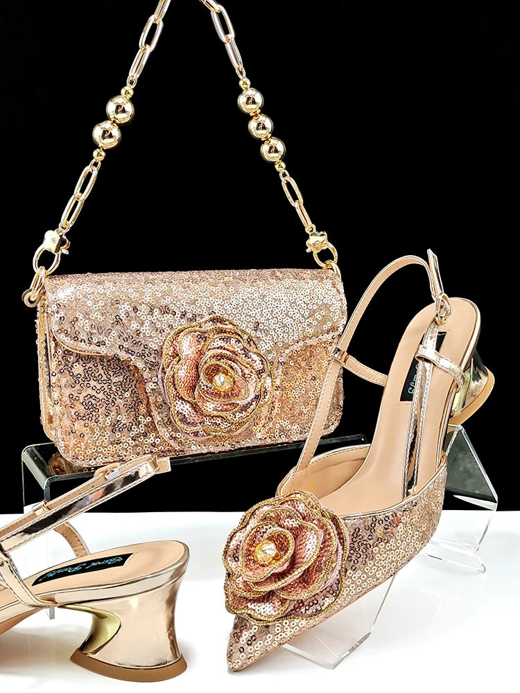 Nigerian High-end Women Shoes and Bag Paired with Sequined Handbags Mid-heeled Shoes From the Workplace to Banquets Or Wedding
