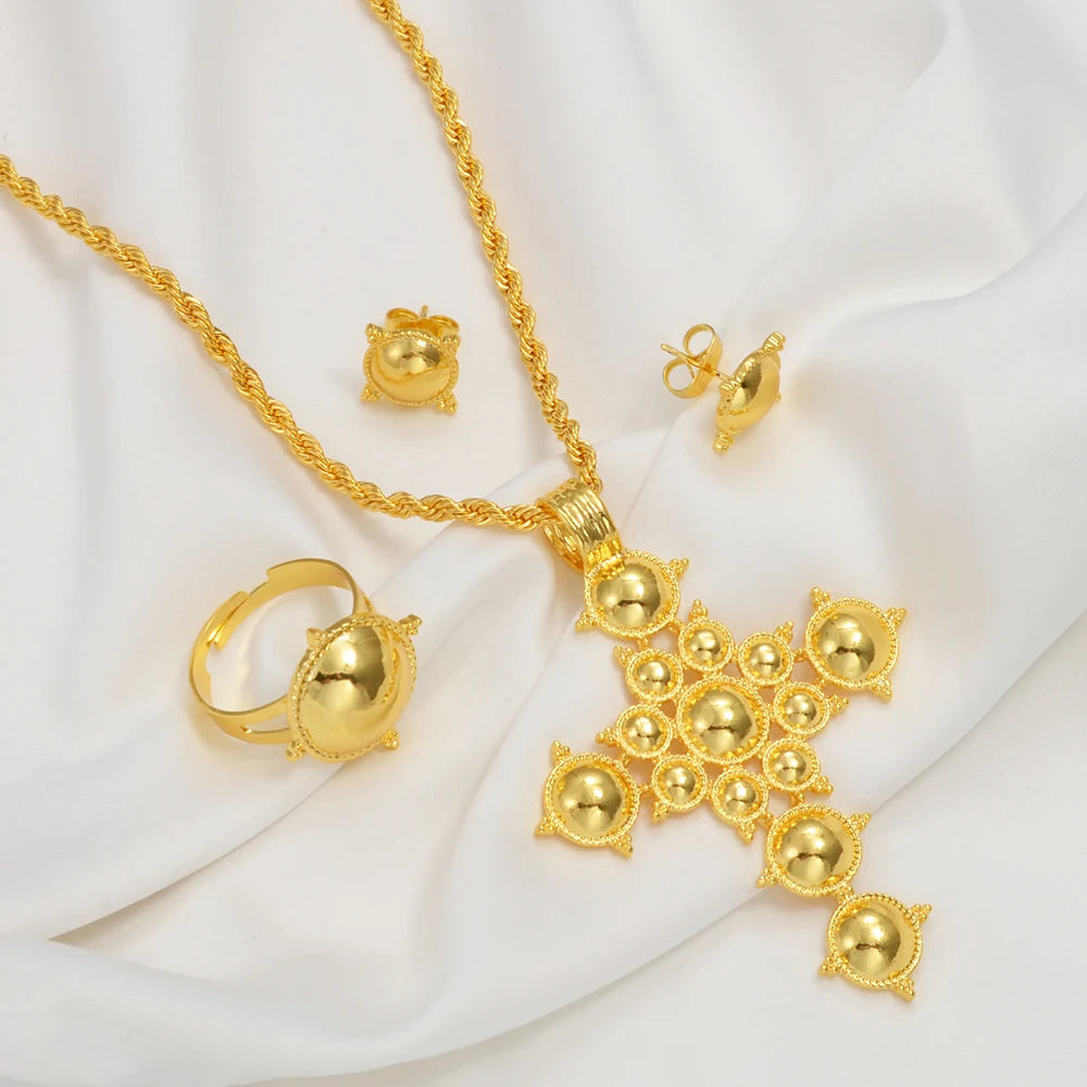 Anniyo Ethiopian Cross Necklace Earrings Rings African Party Jewelry Set Women  Eritrean Habesha Accessories @345906A