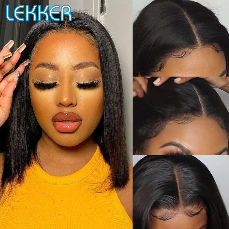 Lekker 100% Human Hair Wig Highlight Brown Long Pixie Straight Bob Middle Part Lace Front For Women Brazilian Remy Hair Glueless