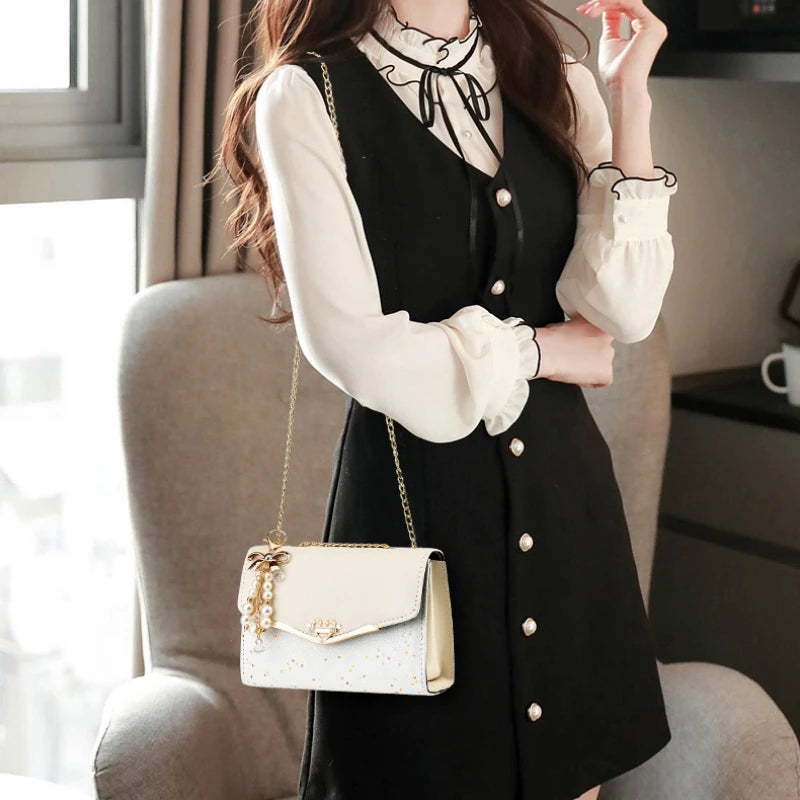 Women's Bag Korean Ins Fashion High-end Single Shoulder Bag Sequin Trend Bow Pendant with Chain Bag Сумка Женская