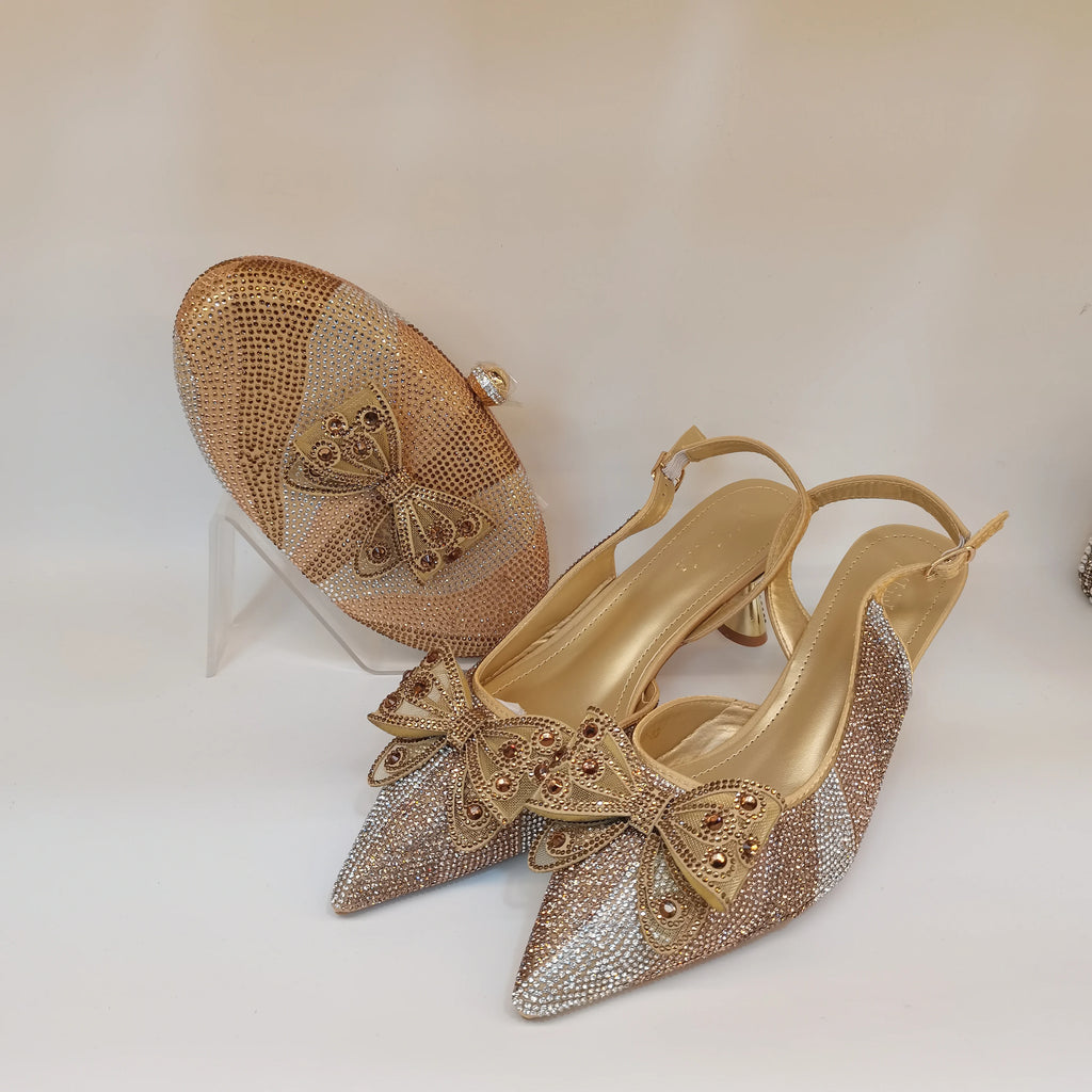 Fashion Women's Brown Color Rhinestones Point  high heeled Shoes And Clutch Diamonds Bag Set  For Wedding Party F6-106-1