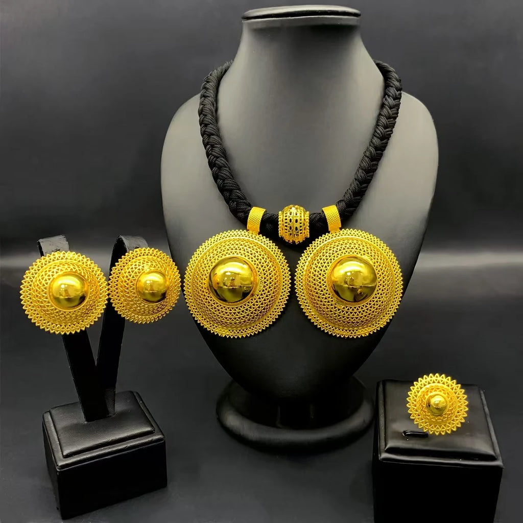 Dubai Indian African Black Rope Necklace Earrings Jewelry Set For Women 24K Gold Plated Nigeria Bridal Wedding Party Jewellery