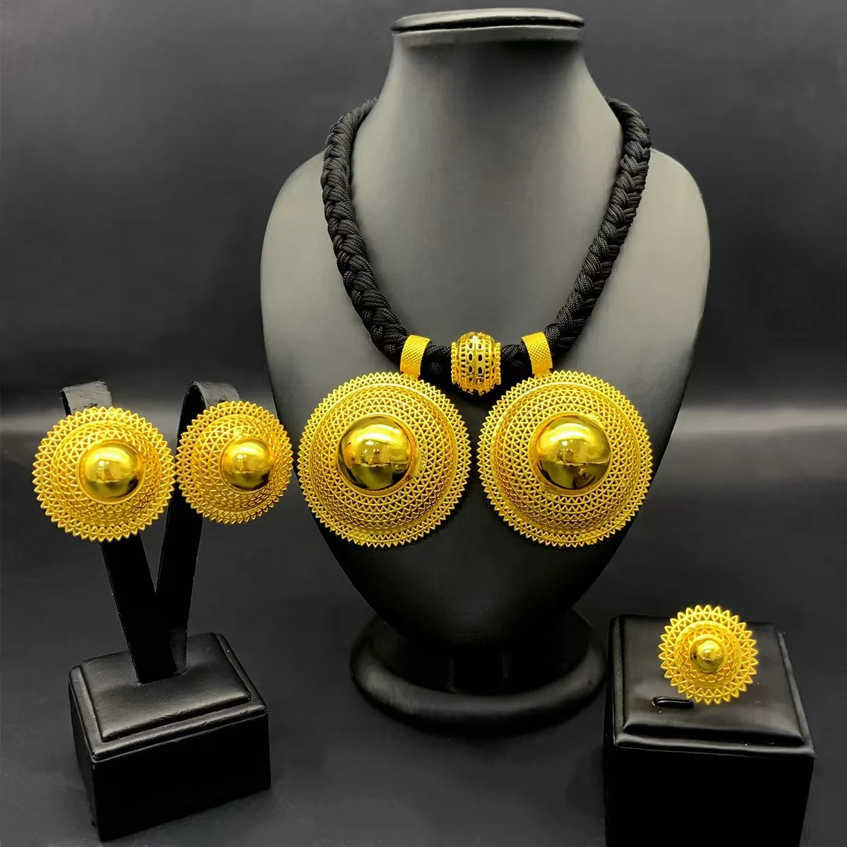 Dubai Indian African Black Rope Necklace Earrings Jewelry Set For Women 24K Gold Plated Nigeria Bridal Wedding Party Jewellery
