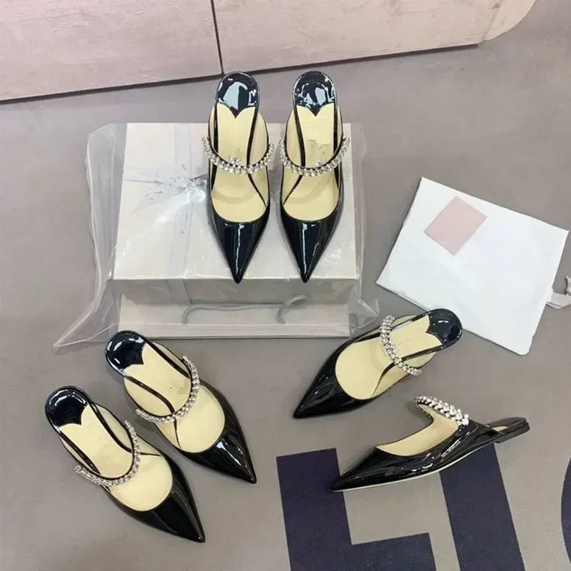 2026 New Fashionable Fine Heeled Muller Shoes with Pointed Water Diamond Chain Banquet Shallow Mouth Women's High Heel Sandals