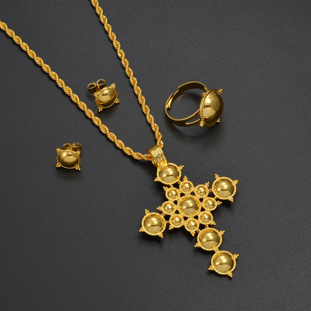 Anniyo Ethiopian Cross Necklace Earrings Rings African Party Jewelry Set Women  Eritrean Habesha Accessories @345906A