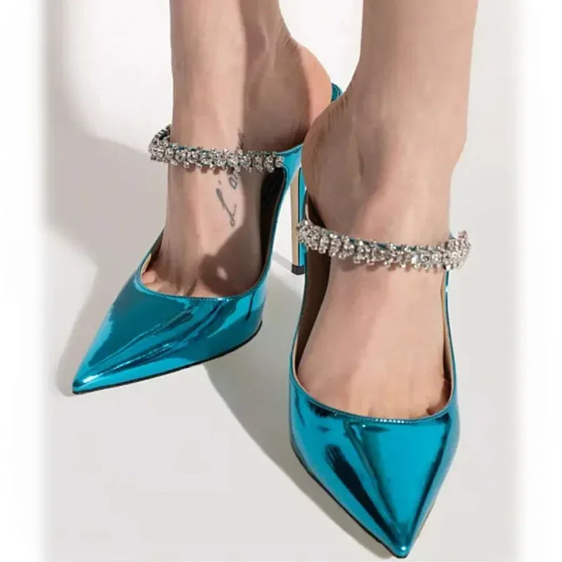 2026 New Fashionable Fine Heeled Muller Shoes with Pointed Water Diamond Chain Banquet Shallow Mouth Women's High Heel Sandals