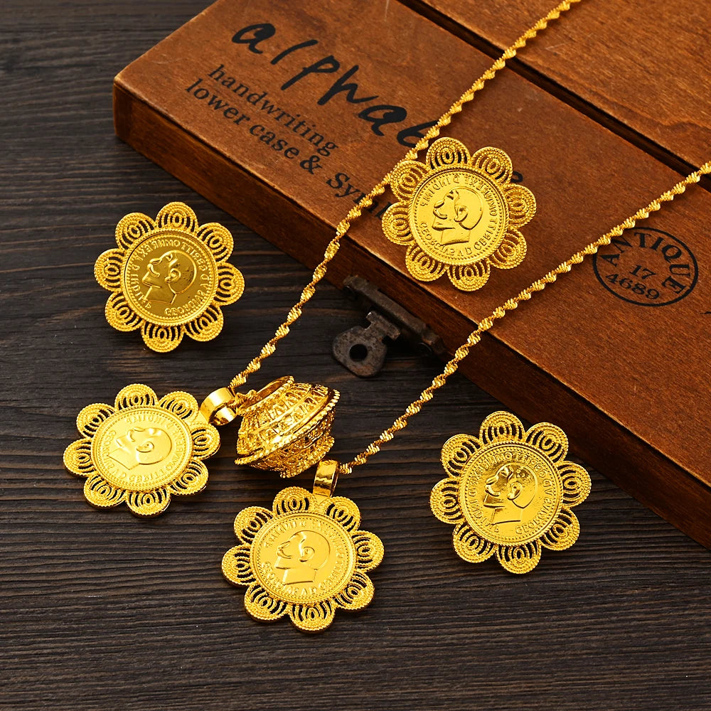 Ethiopian Luxury Jewelry Sets Gold plated Earrings Ring Pendant for Women Eritrean African Bride Wedding