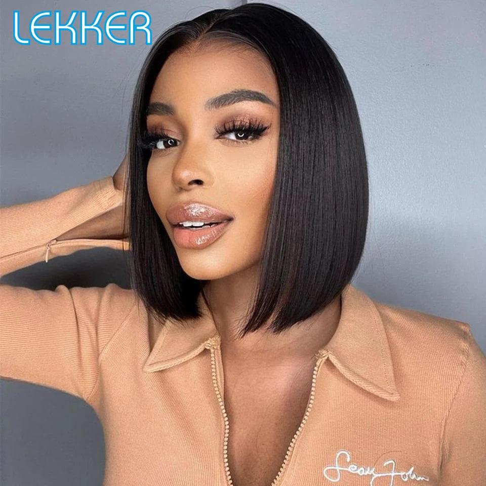 Lekker 100% Human Hair Wig Highlight Brown Long Pixie Straight Bob Middle Part Lace Front For Women Brazilian Remy Hair Glueless
