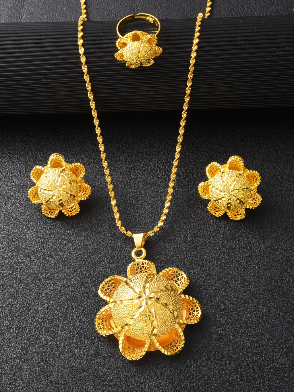 Ethiopian Flower Design 3-Piece Jewelry Set Golden Color Women Pendant Necklace Earrings Ring Bridal Wedding Gift