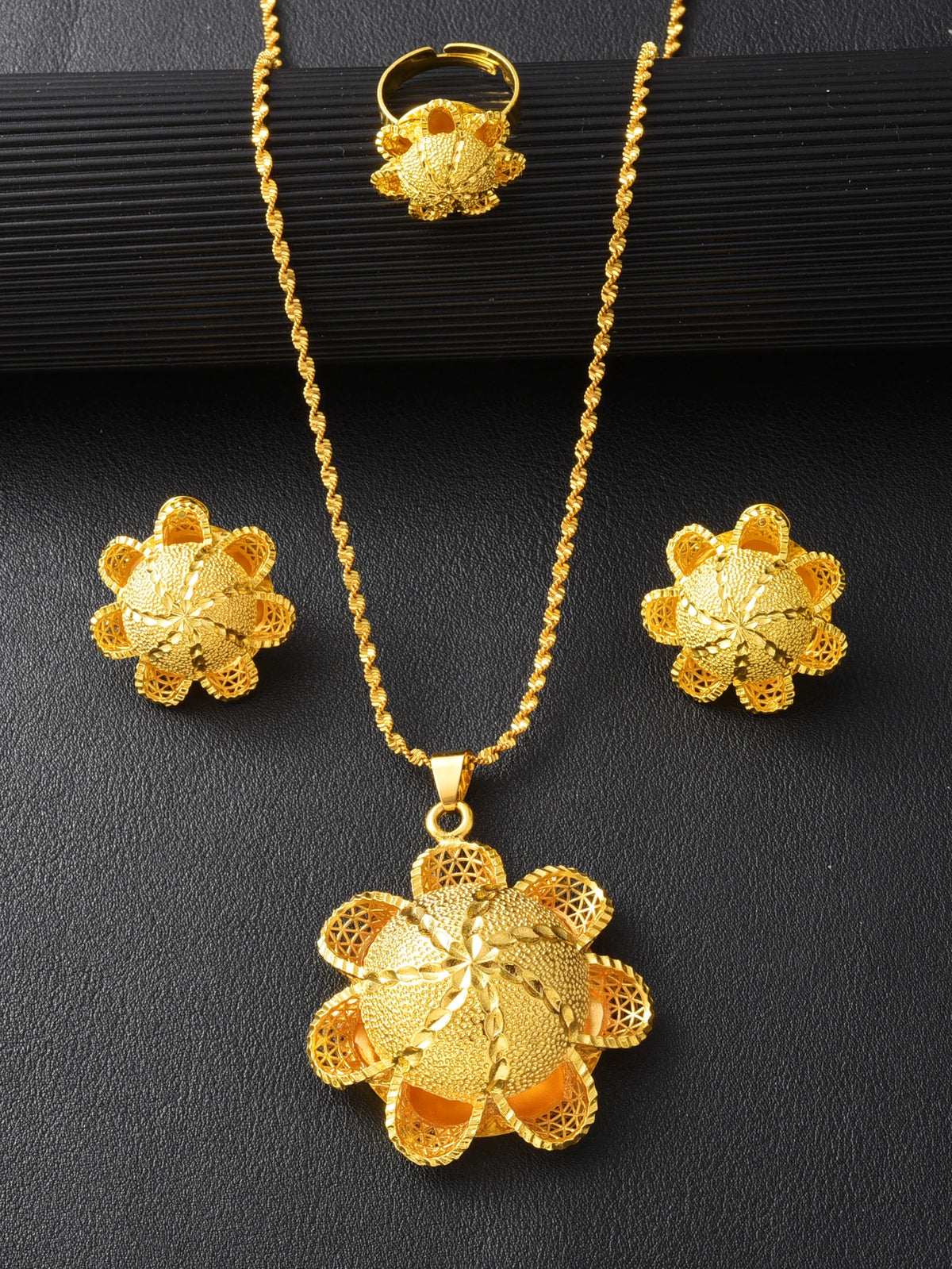Ethiopian Flower Design 3-Piece Jewelry Set Golden Color Women Pendant Necklace Earrings Ring Bridal Wedding Gift