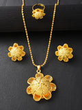Ethiopian Flower Design 3-Piece Jewelry Set Golden Color Women Pendant Necklace Earrings Ring Bridal Wedding Gift