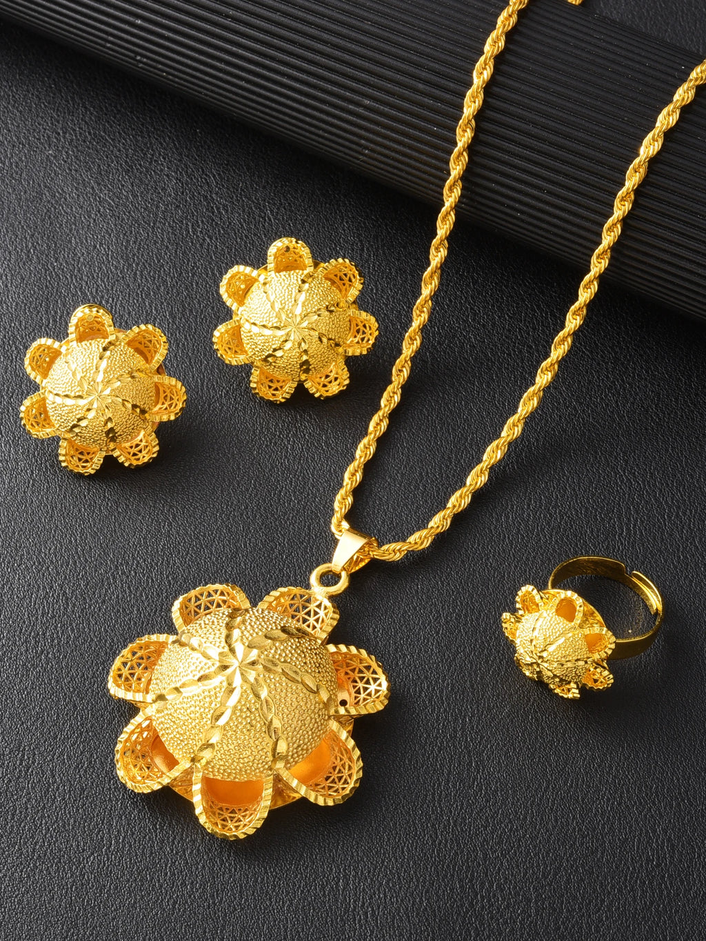 Ethiopian Flower Design 3-Piece Jewelry Set Golden Color Women Pendant Necklace Earrings Ring Bridal Wedding Gift