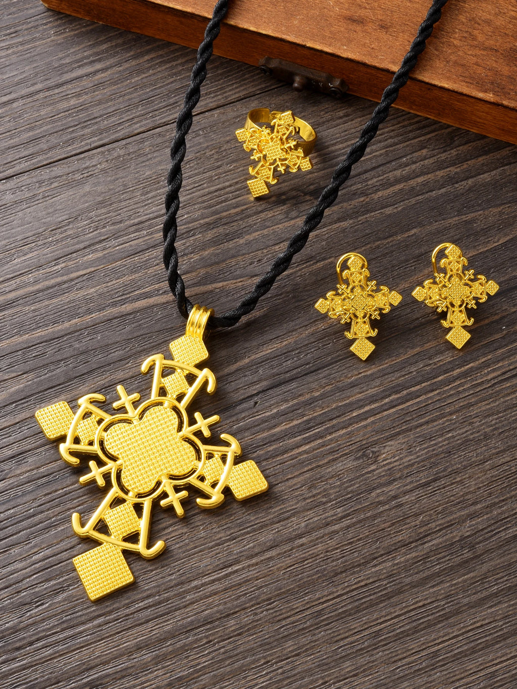 NEW Golden Color Ethiopian Cross Jewelry Set Necklace Earrings Ring 3-Piece Set African Eritrean Holiday Wedding Engagement Gift