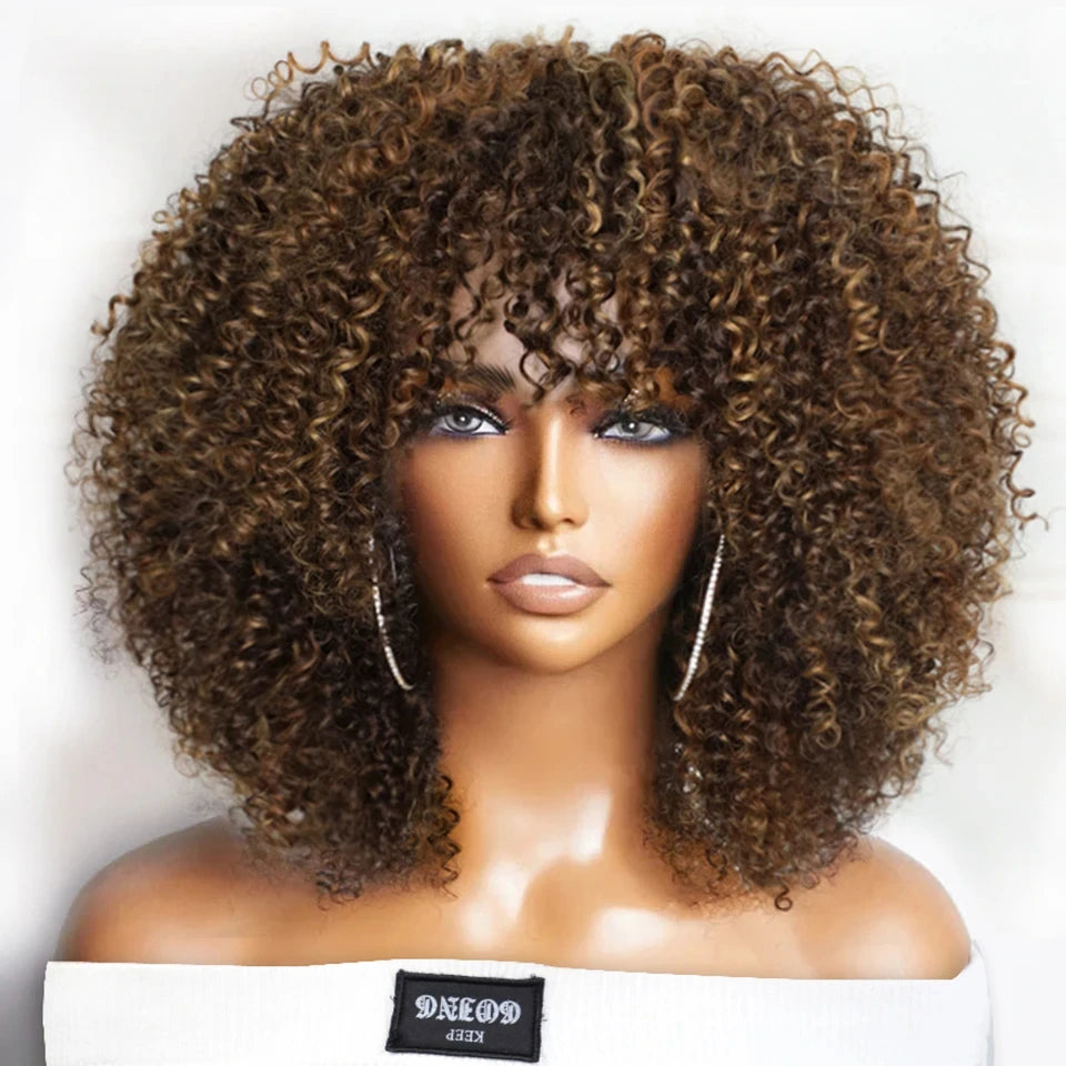 Natural Brown Color Afro Kinky Curly Human Hair Wigs with Bangs Wear & Go Glueless Wig Remy Brazilian Short Curly Human Hair Wig