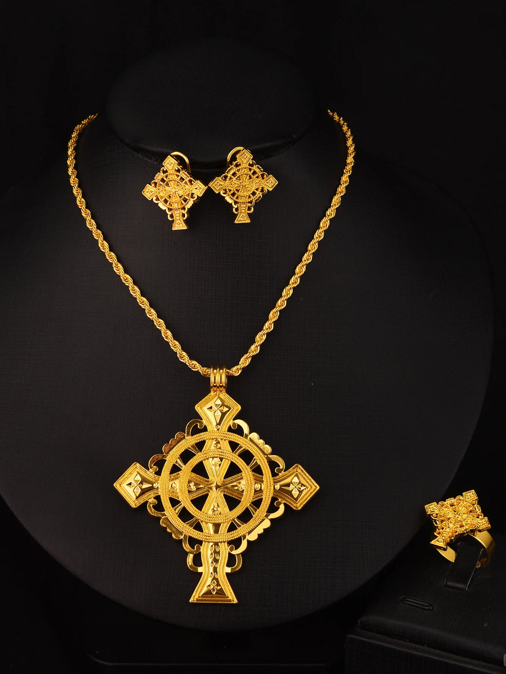 NEW Golden Color Ethiopian Cross Jewelry Set Necklace Earrings Ring 3-Piece Set African Eritrean Holiday Wedding Engagement Gift